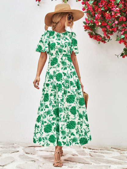 Floral Round Neck Tied Open Back Dress