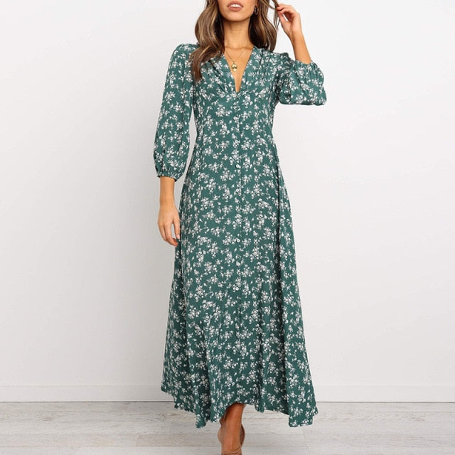 Elegant V Neck Floral Print Long Sleeve Womens Dress