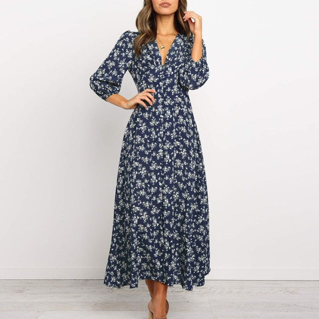 Elegant V Neck Floral Print Long Sleeve Womens Dress